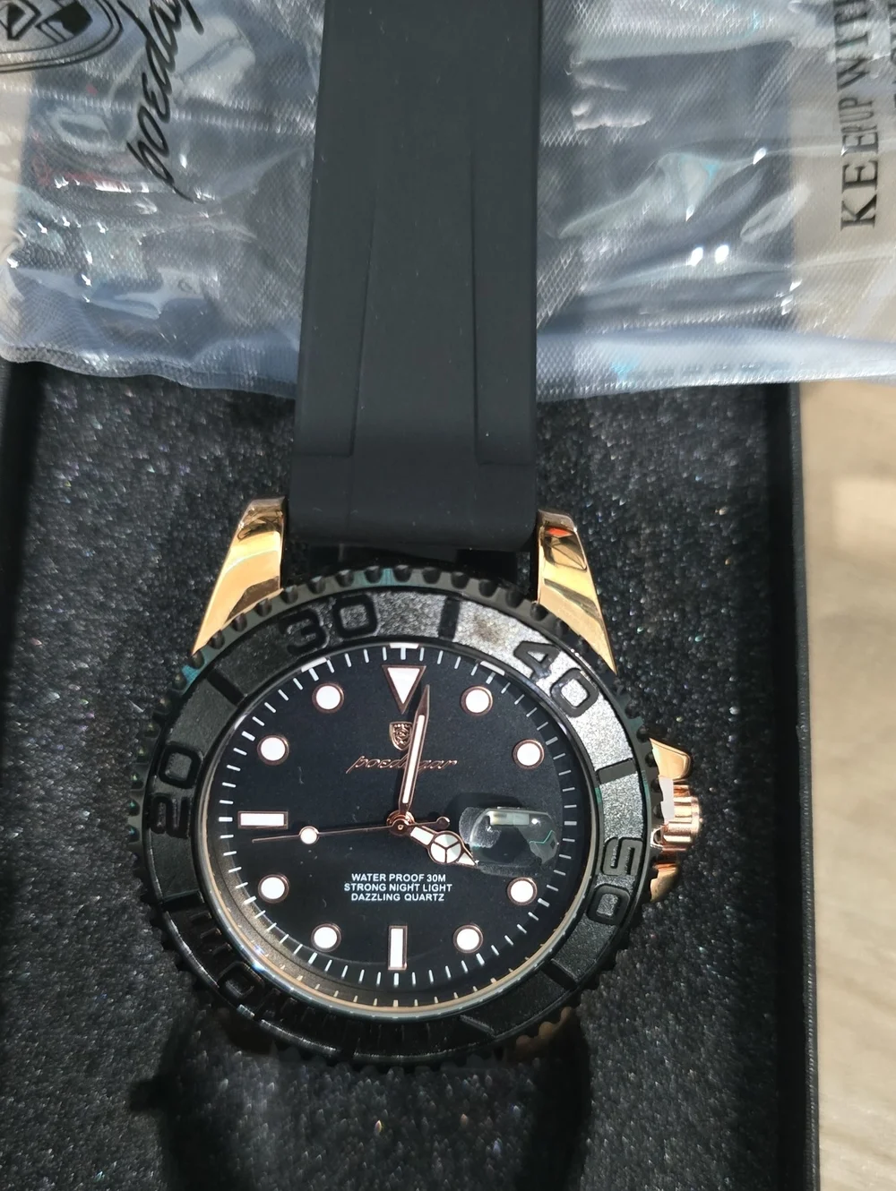Men's Black Silicone Strap Watch with Rose Gold Accents